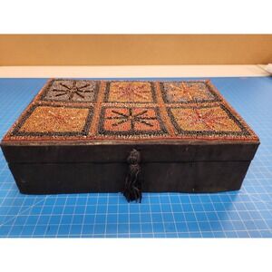 Vintage‎ Beaded Box India Made Jewelry Trinket Keepsake Storage Decor Mirror